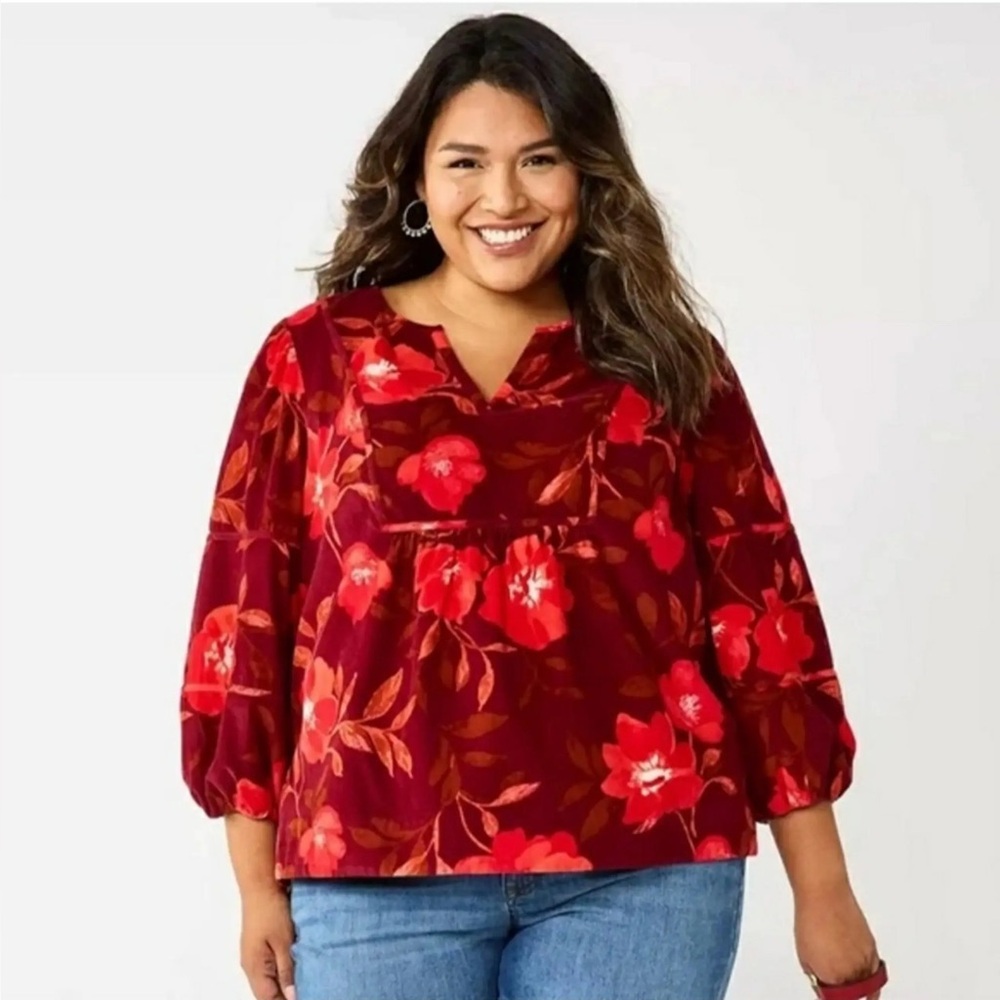 Sonoma Goods For Life Burgundy and Red Floral Corduroy Blouse Size Large Petite